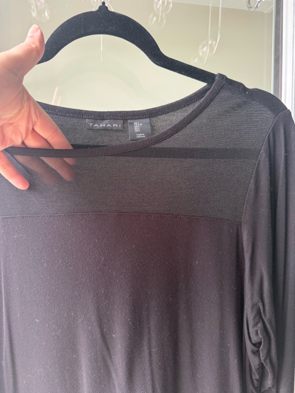 Tahari Black Long-Sleeve Sheer-Panel Tee